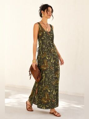 Vintage 90s Tropical Botanical Tie Back Maxi Dress Jessica Sz 14